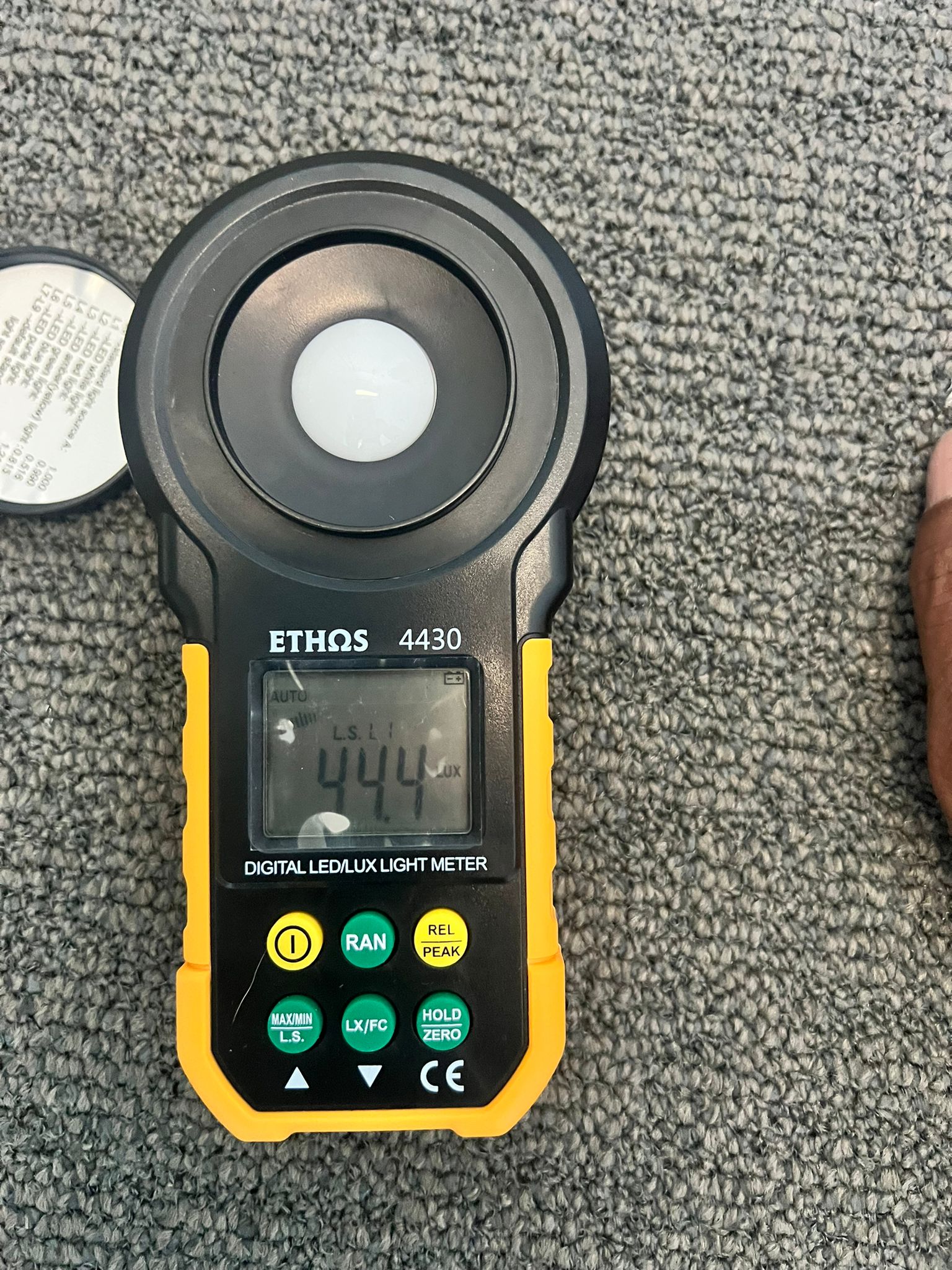ETHOS 4430 lux meter reading 44.4 lux during an emergency lighting level measurement