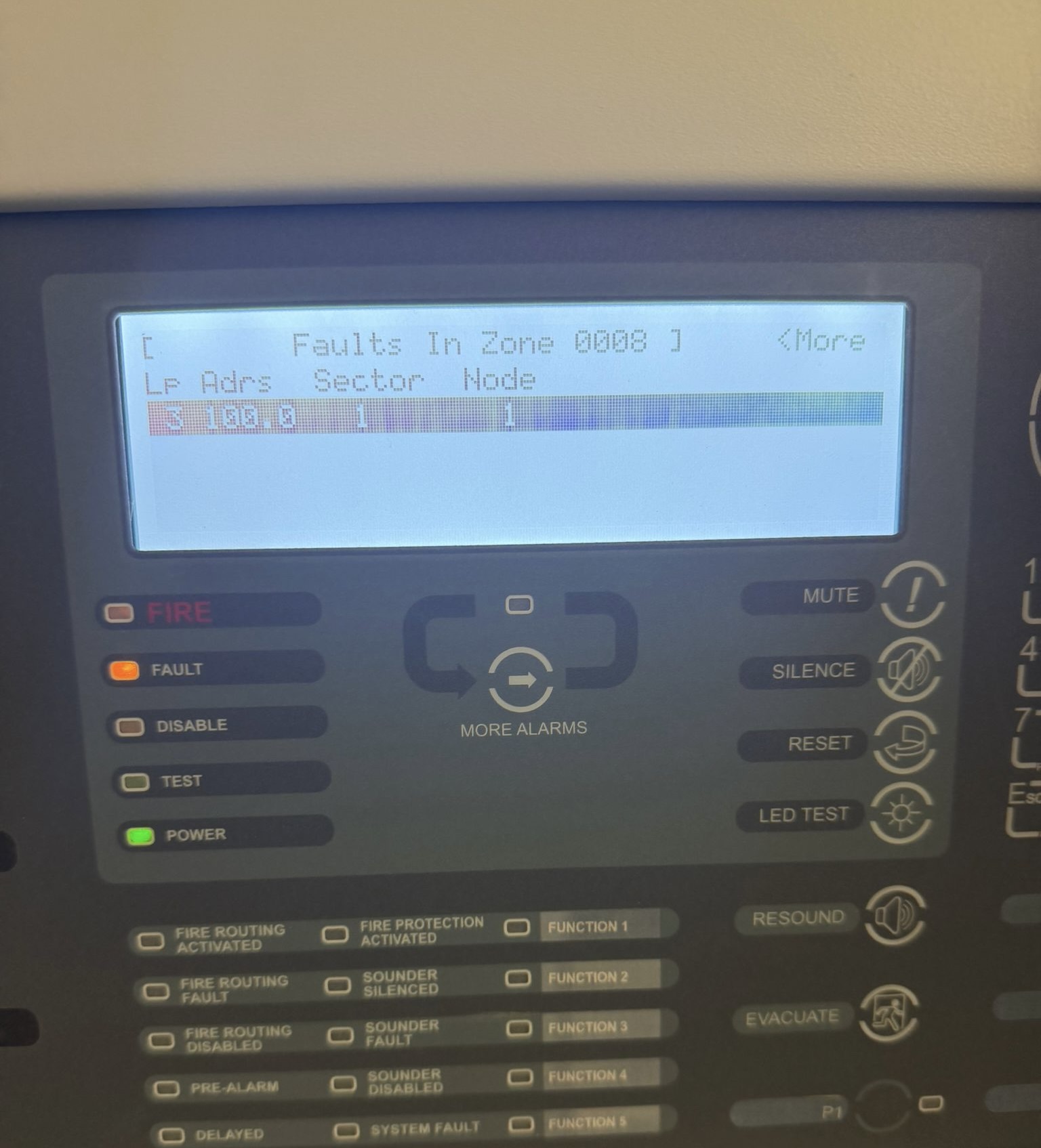 Fire alarm control panel displaying a fault in zone 0008 — found during a ProConform inspection