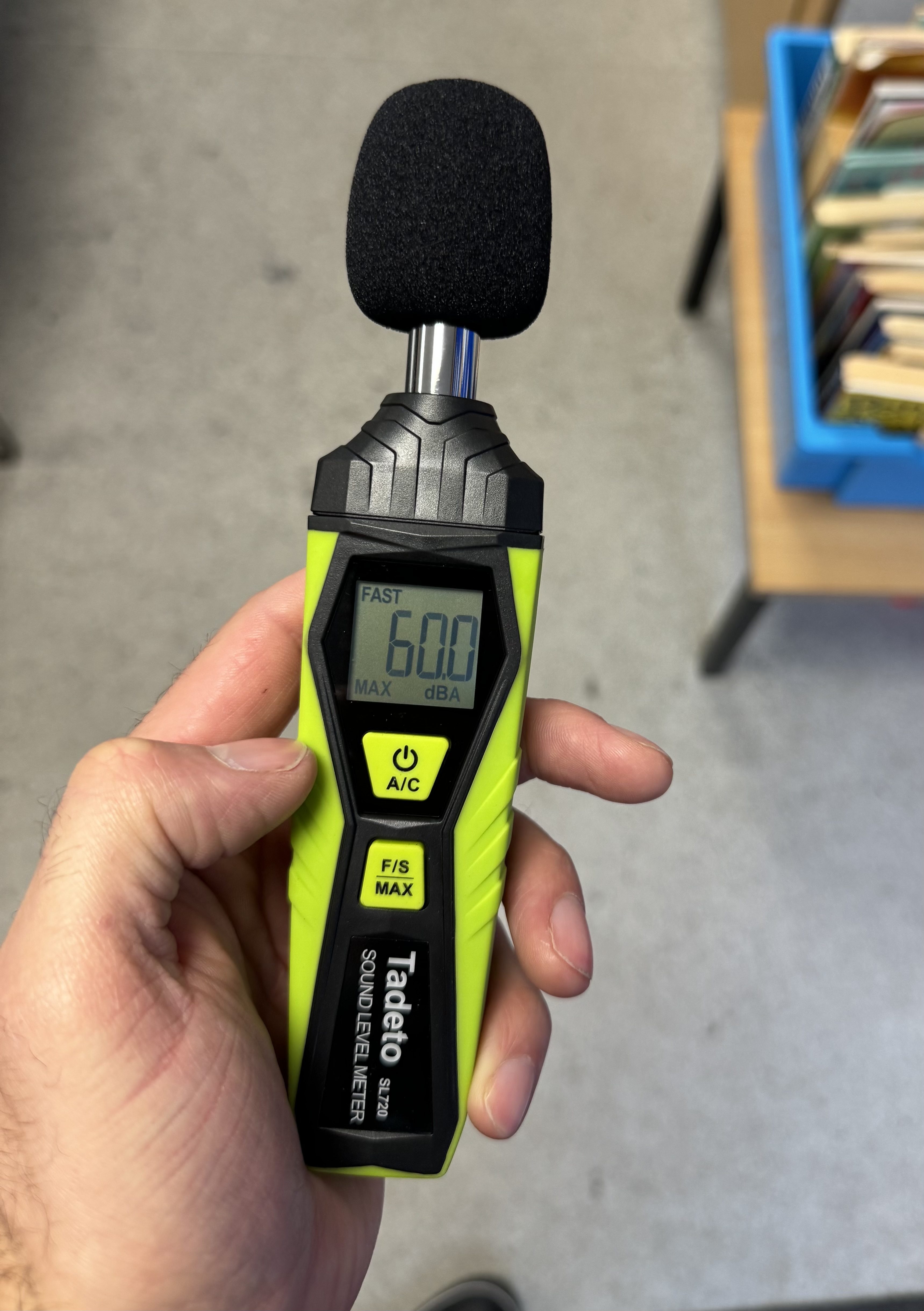 Tadeto SL720 sound level meter reading 60 dBA during a fire alarm sounder output test