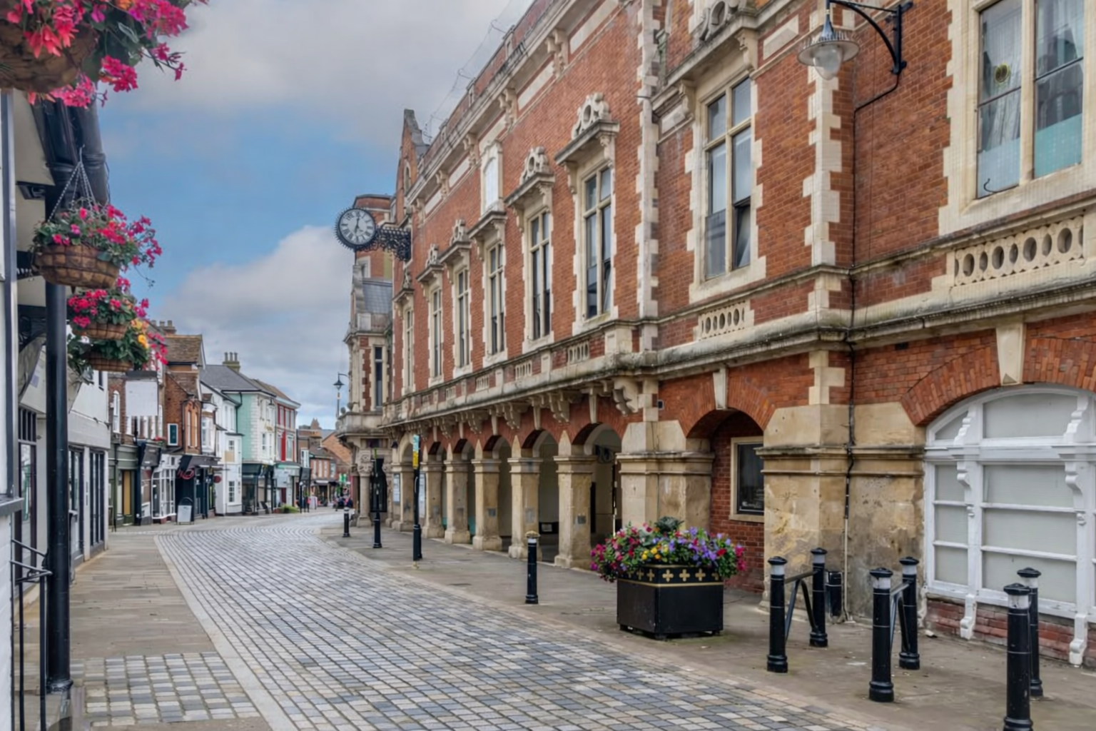 Aylesbury town centre high street with Victorian market hall