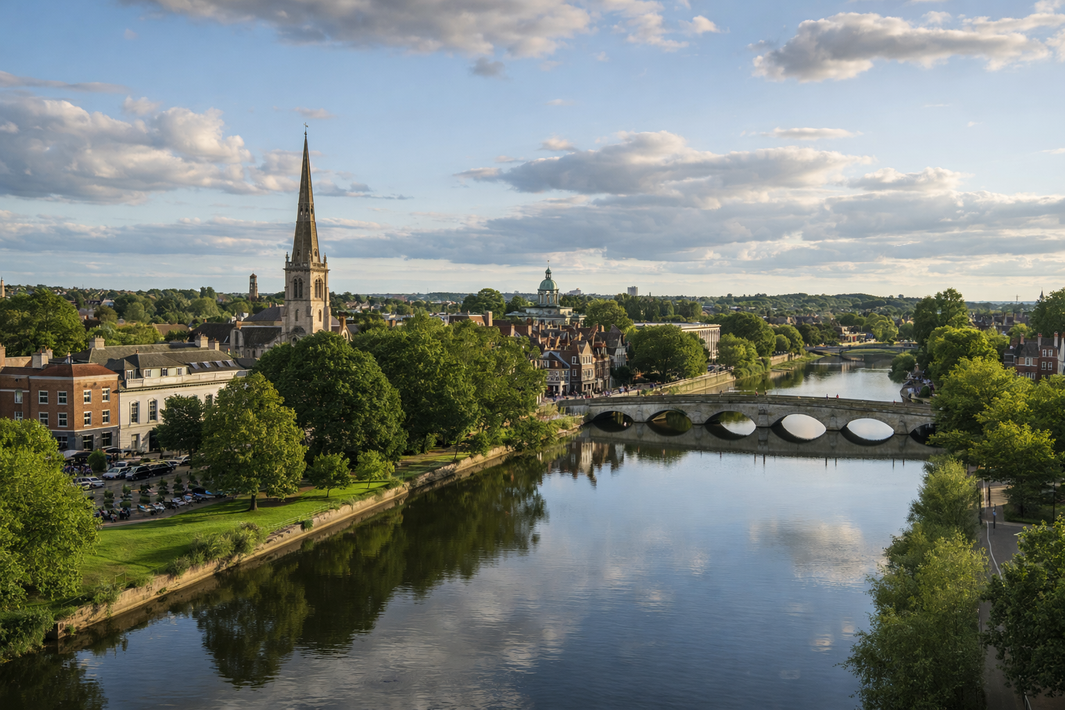 Bedford town centre with the River Great Ouse and the iconic bridge at golden hour