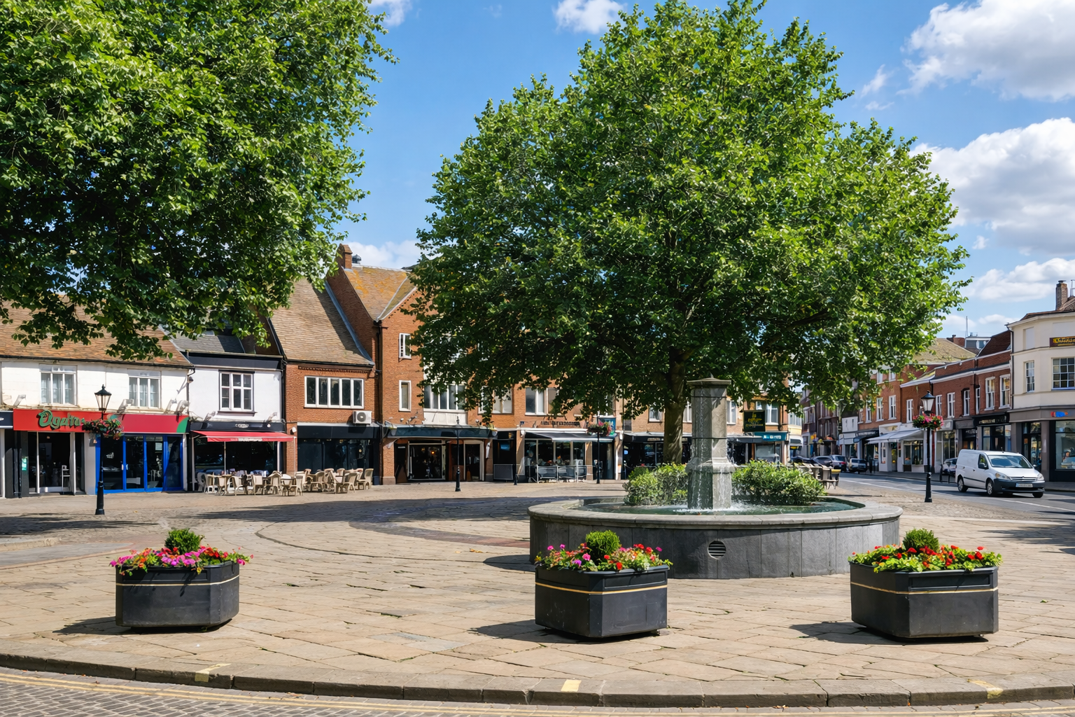 Hemel Hempstead town centre market square with fountain and trees in summer
