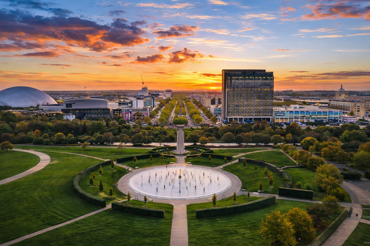 Aerial view of Campbell Park and Milton Keynes city centre at sunset