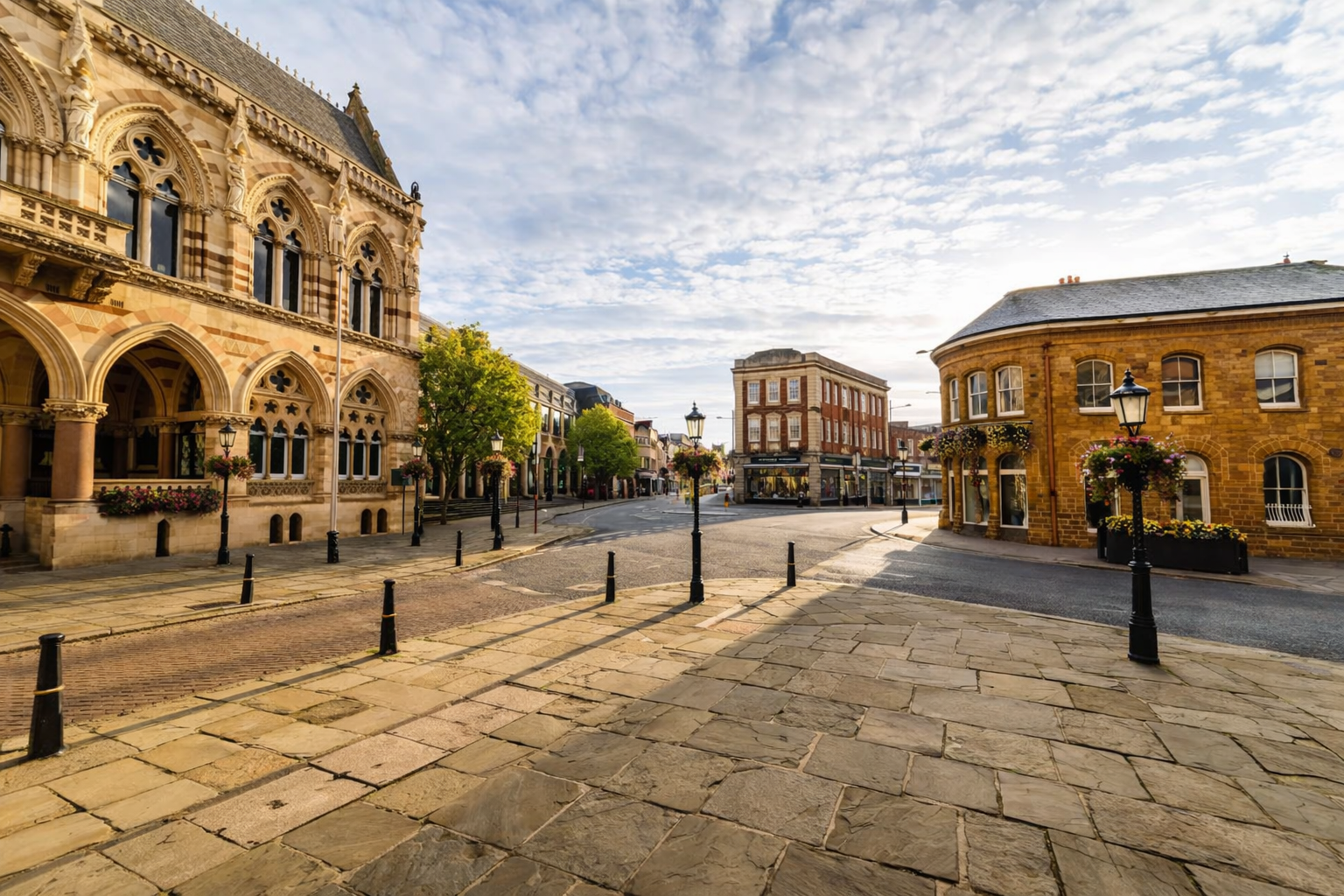 Northampton town centre with the historic Guildhall and Market Square