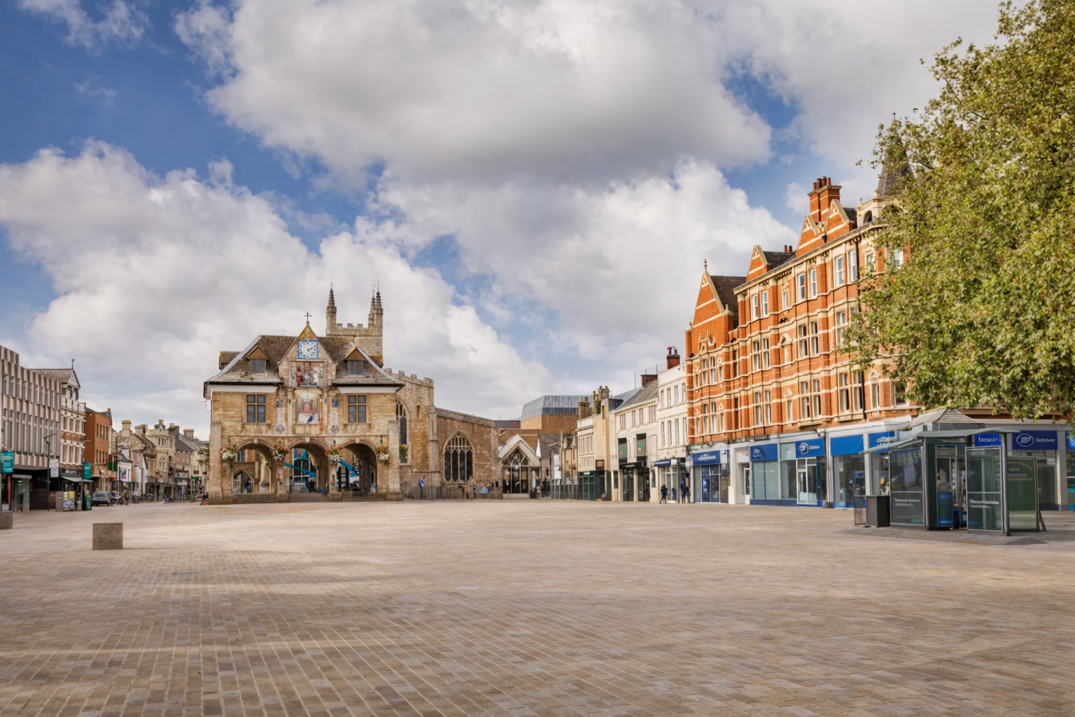 Peterborough Cathedral Square with the historic Guildhall and Victorian architecture