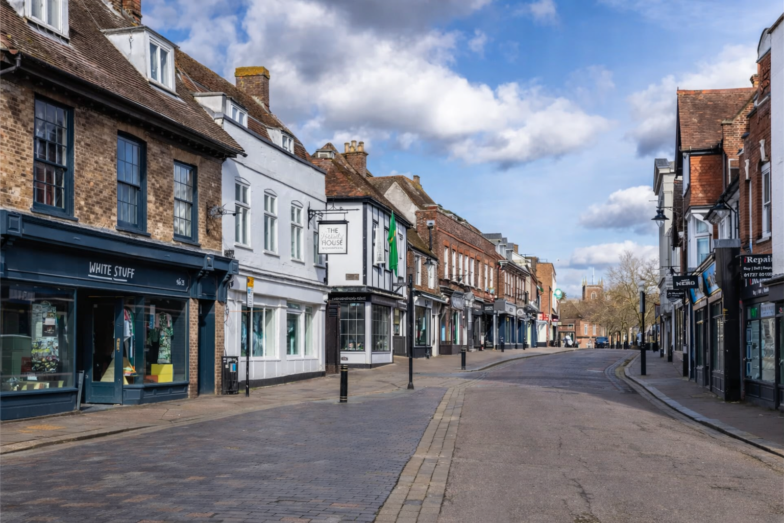 St Albans historic high street with independent shops and Victorian architecture